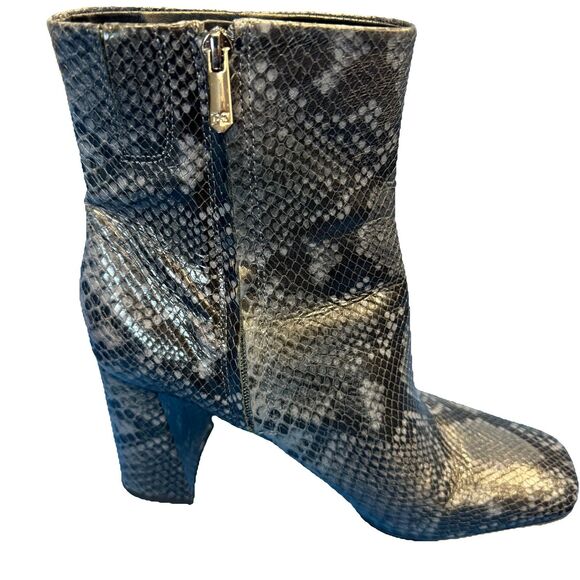 Sam Edelman Sz 10 Snakeskin Leather Mid Boots Block Heel Square Toe Blk/ Grey - Picture 1 of 9
